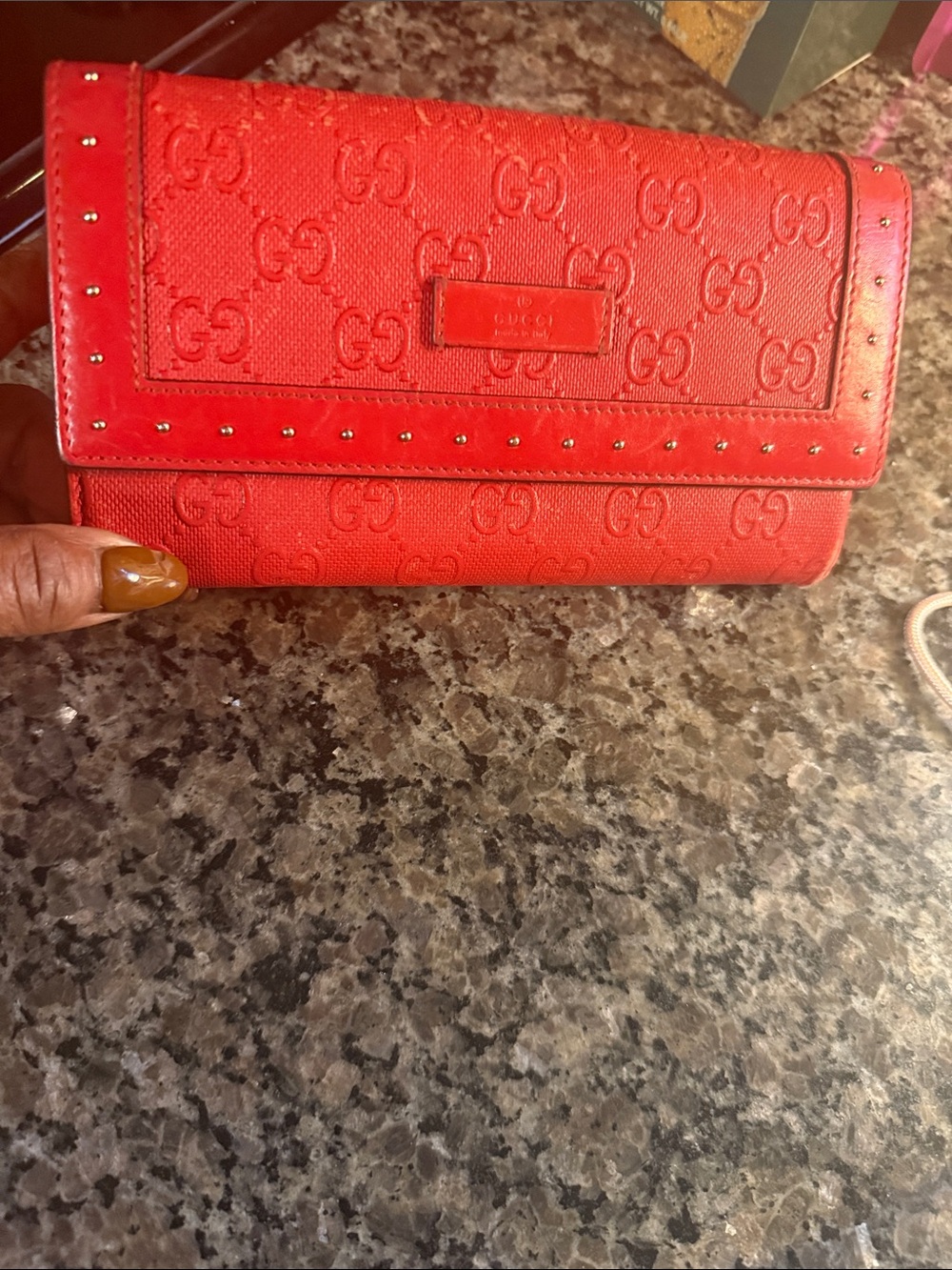 Gucci Red Embossed GG Continental Wallet with Stud Trim